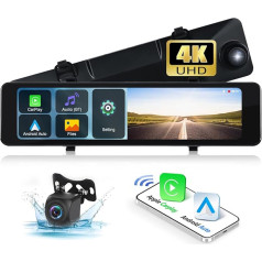 CAMECHO Kameras atpakaļgaitas spoguļa kamera ar CarPlay bezvadu Android auto, 11,26 collu IPS skārienjūtīgais ekrāns, 4K video + 1080P WDR atpakaļgaitas kamera Atbalsta cilpas ierakstīšanu / ADAS/Bluetooth/FM/TF/AUX