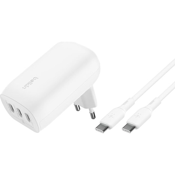 Belkin BoostCharge USB C lādētājs ar trīs pieslēgvietām un PPS (67 W) USB-C PD 3.1 iespējots iPhone ātrais lādētājs iPhone 15 sērijas ierīcēm, MacBook Pro, AirPods, Galaxy u.c. Komplektā ietilpst USB-C / USB-C kabelis