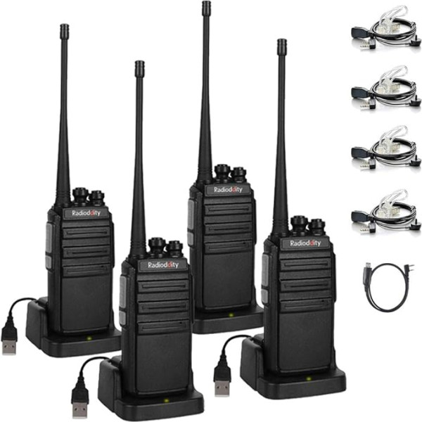 Radioddity GA-2S Walke Talkie komplekts, 4 km diapazons, 16 kanāli, UHF profesionāla radio ar mikro USB pieslēgvietu, komplektā ietilpst uzlādējamas baterijas, USB uzlādes kabelis un caurspīdīgas austiņas (4 gab.)