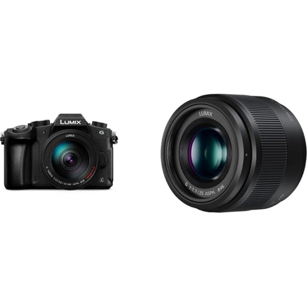 Panasonic LUMIX DMC-G81HAEGK 4K sistēmas kamera ar 14-140 mm MFT objektīvu, 16 MP, Dual I.S, Hybrid Contrast AF, 4K fotokamera, melna un Lumix 25 mm F1.7 | H-H025E-K galvenais objektīvs, melns