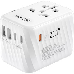 LENCENT universālais ceļojuma adapteris, 30 W starptautiskais sienas lādētājs ar 3 USB C un 2 USB A ātrās uzlādes spraudņiem, vispasaules kontaktdakšu adapteris, piemērots ceļošanai no ASV uz ES, Lielbritāniju, Īriju, Austrāliju, C/G/A/I t