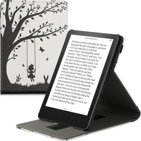 kwmobile Aizsargvāciņš saderīgs ar Amazon Kindle Paperwhite (11th Gen - 2021) - E-lasītājs ar siksniņu un statīvu - Girls Tree Swing Black White