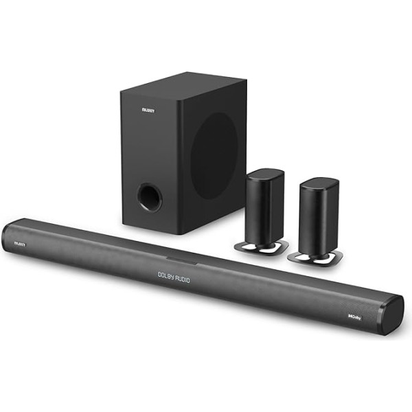 Majority Everest 5.1 Dolby Audio Soundbar, 300 W skaņu josla TV ierīcēm, bezvadu zemfrekvences skaļrunis, 3D audio skaļrunis, telpiskā skaņa, noņemams skaļrunis, HDMI ARC, HDMI, Bluetooth, skaņas josla