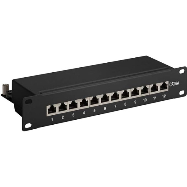 Goobay 93796 CAT 6A Patch Panel 10 Zoll / 12 Port RJ45 Buchsen Netzwerkstecker / 500 MHz LAN Patchfeld / 1 HE Verteilerfeld / Rackeinbau Patchpanel / Schwarz