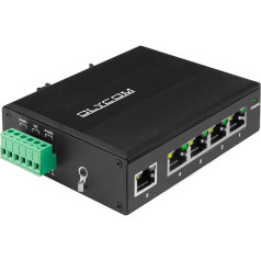 OLYCOM 5 portu industriālais POE gigabit Ethernet DIN-sprauga komutators 4 x gigabit Ethernet porti ar POE 30 W, 120 W kopā IP40 Darbības temperatūra -40° - 75°C (POE (48VDC))