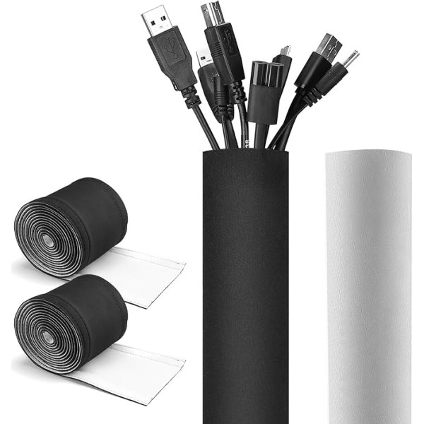 JOTO Plain Cable Tube [Pack of 2] 11 cm x 330 cm Velcro aizdare ar regulējamu diametru, atgriezeniska, melnā/baltā krāsā, elastīga kabeļu organizatora kabeļu vāka aizsardzības sistēma televizoram, datoram, mājas kinozālei