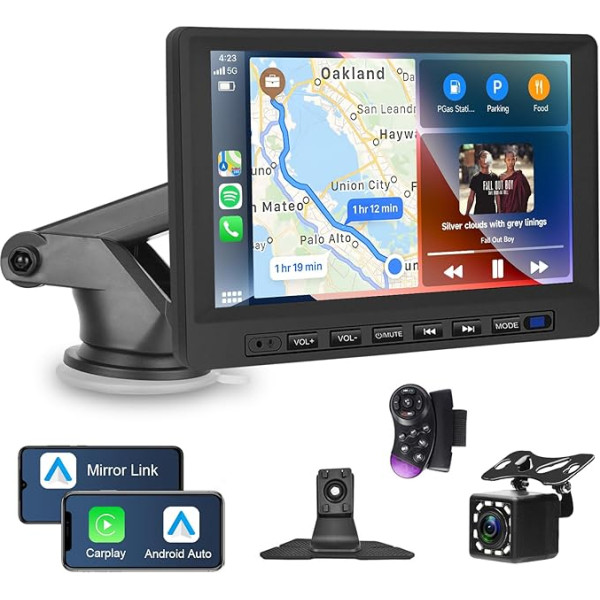 Hodozzy Auto radio bezvadu Apple Carplay un Android automašīnai, pārnēsājams 7 collu skārienjūtīgais ekrāns Mirror Link multimediju atskaņotājs Auto ekrāns Bluetooth EQ, USB/AUX/FM, SWC kamera, Carplay uztvērējs ar displeju