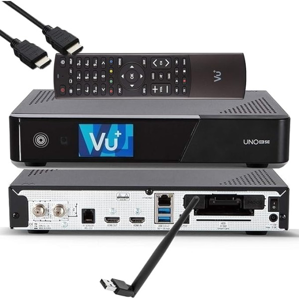 VU+ UNO 4K SE - UHD HDR 1x DVB-S2 FBC Sat Twin Tuner E2 Linux uztvērējs, YouTube, satelīta cietā diska uztvērējs, CI + karšu lasītājs, multivides atskaņotājs, USB 3.0, EasyMouse HDMI kabelis un 150 Mbit WiFi stick