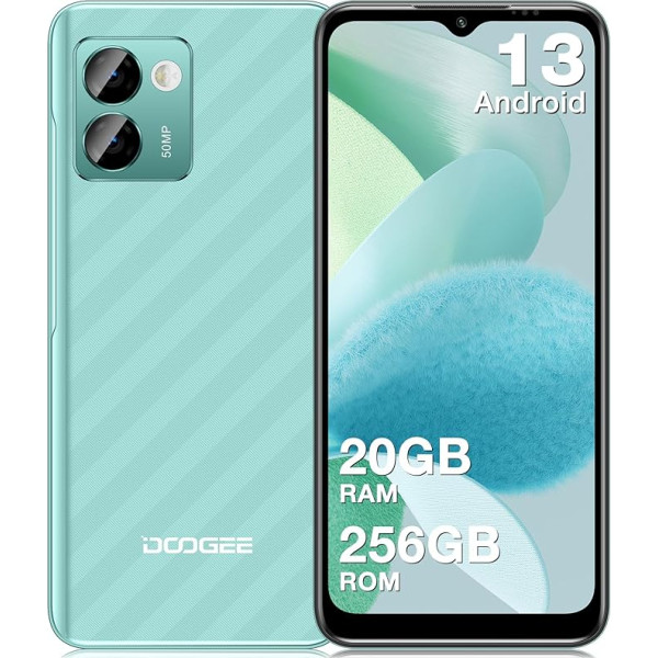 DOOGEE N50PRO Android 13 viedtālrunis [2023], 20GB+ 256GB lēts tālrunis, 6,52 collu HD+ Octa-Core, 50MP AI kamera, 4200mAh 18W ātrā uzlāde, pirkstu nospiedumi, OTG/GPS/Face ID/Widevine L1