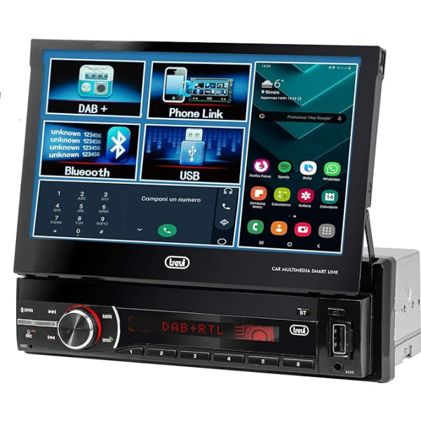 Trevi MDV 6380 DAB bezvadu autoradio ar DAB, DAB+ un FM 200 W, 7 collu skārienjūtīgais displejs, bezvadu, USB, SD, AUX-IN, DAB antena, Android Mirror Link funkcija, krāsains RGB apgaismojums