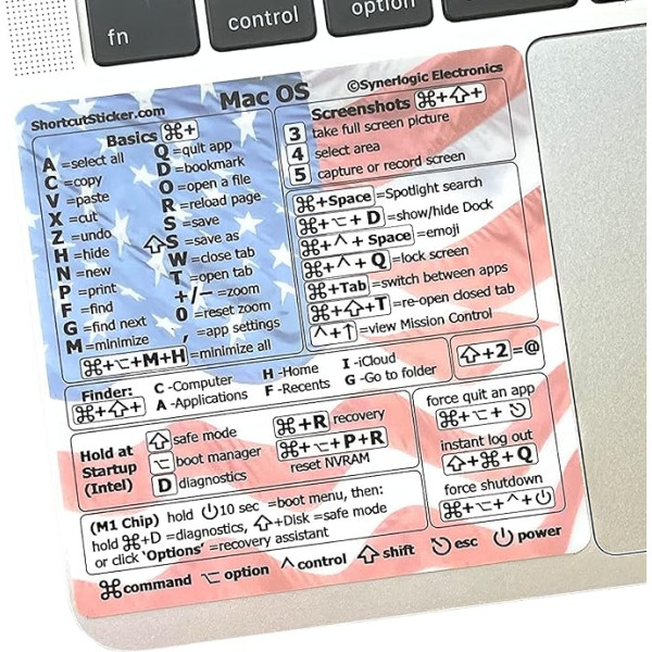 SYNERLOGIC (M/Intel) Mac OS tastatūras īsceļu vinila uzlīme, bez atlikumu līmes, saderīga ar 13-16 collu MacBook Air/Pro/iMac/Mini (ASV karogs, 5 gab.)