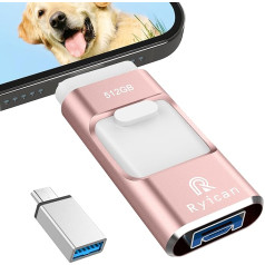 USB zibatmiņas karte tālrunim Ryican 512 GB atmiņas karte iOS ar paroli aizsargātiem failiem 4-in-1 USB 3.0 Photostick Pendrive USB C OTG Android/Laptop/PC/Pad, datu kopēšana ar vienu klikšķi (512G, rozā)