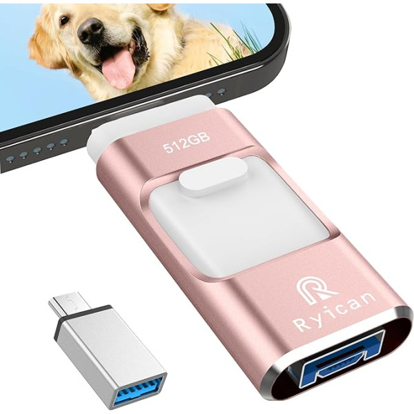 USB zibatmiņas karte tālrunim Ryican 512 GB atmiņas karte iOS ar paroli aizsargātiem failiem 4-in-1 USB 3.0 Photostick Pendrive USB C OTG Android/Laptop/PC/Pad, datu kopēšana ar vienu klikšķi (512G, rozā)