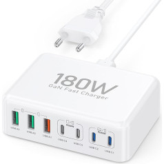 USB C lādētājs, 180 W, 7 portu USB C barošanas bloks, daudzfunkcionāls lādētājs ar USB-C un USB-A, ātrais lādētājs PD 3.0 USB C lādētāja barošanas bloks MacBook, iPhone 15 Pro Max, iPad, Samsung, mobilajiem tālruņiem