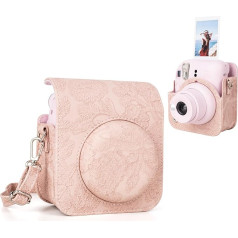 MUZIRI KINOKOO Futrālis Fujifilm Instax Mini 12 / Polaroid Mini 12 Instant Camera, PU ādas vijumu aizsargvāciņš ar plecu siksnu, gaiši rozā, fotokameras futrālis