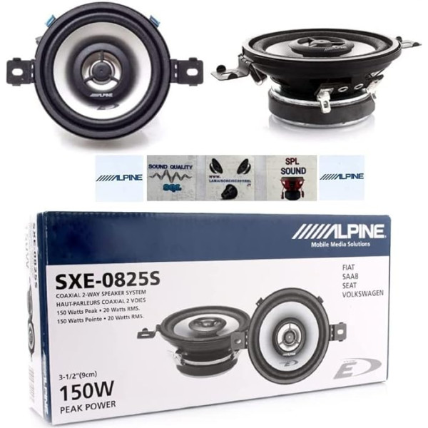 2 skaļruņi Saderīgs ar Alpine SXE-0825S 2 Way Coaxial 8,7 cm 87 mm 3,5 collu diametrs 20 W RMS un 150 W maksimālā pretestība 4 Ohm Pāri + 5 bezmaksas uzlīmes