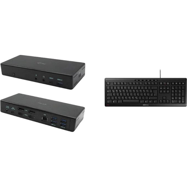 i-tec USB-C Quattro dokstacija 4 ekrāniem ar 85 W barošanas avotu un Cherry Stream tastatūru, vācu izkārtojums, QWERTZ, vadu tastatūra, Blue Angel, GS apstiprinājums, melna