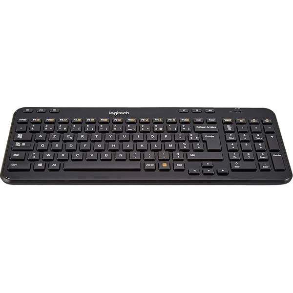 Logitech K360 bezvadu tastatūra, 2,4 GHz savienojums, izmantojot USB Unifying uztvērēju, 6 multivides taustiņi un 12 funkciju taustiņi, kompakts un kluss dizains, 3 gadu akumulatora darbības laiks, skandināvu QWERTY izkārtojums.