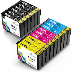 Q-image 16XL tintes kasetne Epson 16XL Multipack Epson WF 2760 kasetnēm WF2630 WF2750 WF2660 WF2650 WF2540 WF2530 WF2010 WF2510 WF2510 WF2520 (6 melnas, 3 zilganas, 3 dzeltenas, 3 dzeltenas 15 iepakojumā)