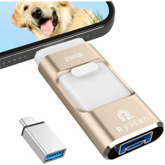 USB zibatmiņas karte tālrunim Ryican 256 GB atmiņas karte iOS ar paroli aizsargātiem failiem 4 in 1 USB 3.0 Photostick Pendrive USB C OTG Android/Laptop/PC/Pad, datu kopēšana ar vienu klikšķi (256G, zelta)