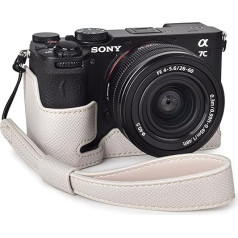 Rieibi Alpha 7C II futrālis - Premium PU ādas puspiederums Sony A7C II/Alpha 7C Mark II/A7C2 digitālajai kamerai - aizsargājošs Sony A7CII futrālis ar rokturi un apakšējo atveri, White/Opulent Garden, puspuse