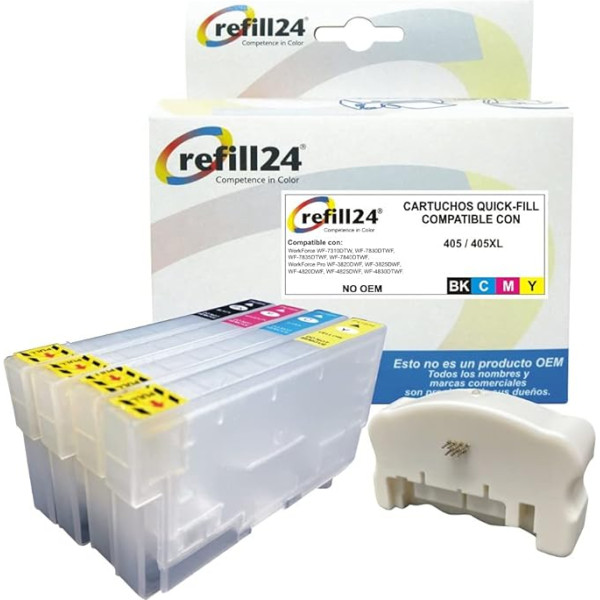 refill24 Atkārtoti uzpildāmas tukšas tintes kasetnes, kas saderīgas ar Epson 405 / 405XL melnā un krāsainā krāsā, saderīgas ar Workforce un Workforce Pro + atiestatīšanas ierīce