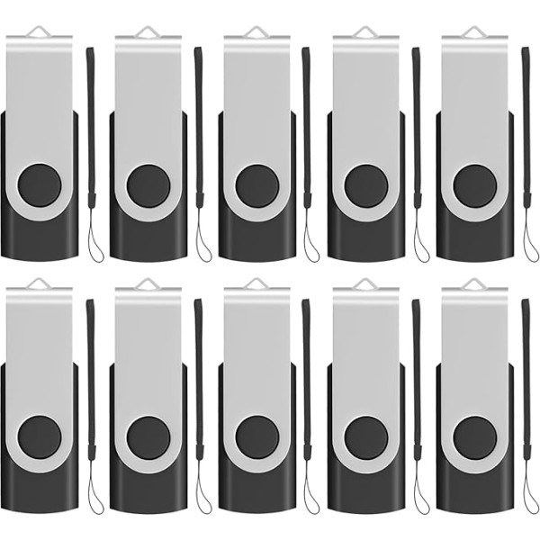 EASTBULL USB Stick 8 GB Pack of 10 USB 2.0 Rotatable Memory Sticks Drive Flash Drive with 10 Pieces Rope, Black