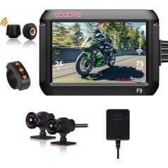 VSYSTO Motociklu Dash Cam Riepu spiediena monitoringa sistēma Autostāvvietas uzraudzība Dual 1080P priekšējās un aizmugurējās kameras 4,0 collu displejs Wi-Fi, GPS Ūdensizturīgs un nakts redzamības Split Screen displejs