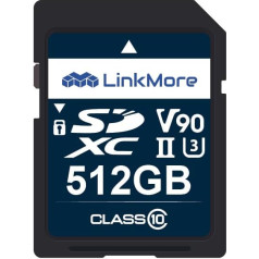 LinkMore SD karte 512GB, XV29 SDXC atmiņas karte, UHS-II SD karte, U3, V90, atmiņas karte kamerai 8K, 4K video, līdz 250MB/s lasīšanas un 220MB/s rakstīšanas ātrums