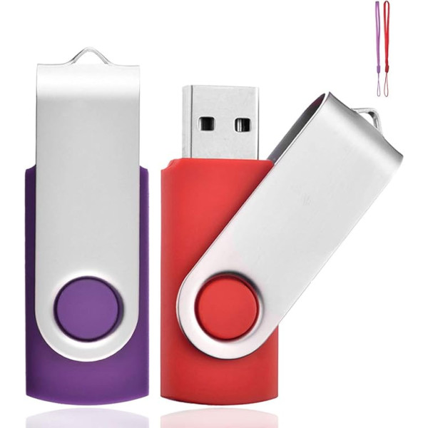 Eastbull 2 Stück USB 2.0-Stick mit Drehgelenk, Flashlaufwerk, Speicherstick (unterschiedliche Farben mit Schlüsselband) Purple & Red 2 GB