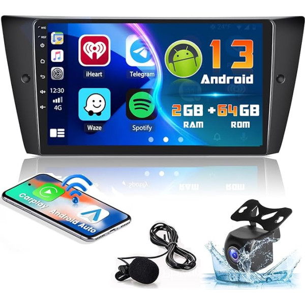 2+32GB Hikity Android 13 auto radio BMW E90 E91 E92 E93 (2005-2011) Bezvadu Apple Carplay Android auto ar navigācijas sistēmu, 9 collu skārienjūtīgais ekrāns, auto radio ar Bluetooth atpakaļgaitas kameru GPS SWC