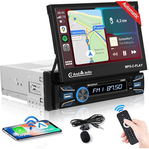 Hikity Autoradio 1Din mit Automatisch Ausfahrbar Bildschirm Wireless Carplay Android Auto 7Zoll Autoradio mit Bluetooth-Freisprecheinrichtung FM AUX TF USB Mirror Link unterstützt Rückfahrkamera