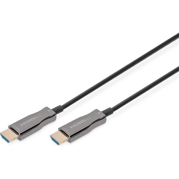 DIGITUS HDMI AOC hibrīda optiskās šķiedras kabelis - HDMI 2.0b - 15 m - Ultra HD 4k/60Hz - Ethernet kanāls - HDR ARC HDCP 2.2 - Saderīgs ar TV/projektoru/monitoru - Zelta pārklājuma kontakti - Melns