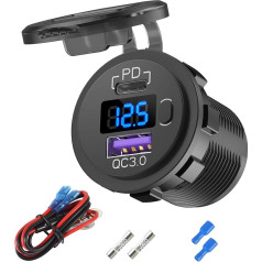 12 V USB C Car Charger Socket, 12 V USB Cigarette Lighter Replacement with PD3.0 and QC3.0 Car USB Port, Waterproof 12 Volt USB Socket with Power Switch, Voltage Meter for Car, Marine, Truck,