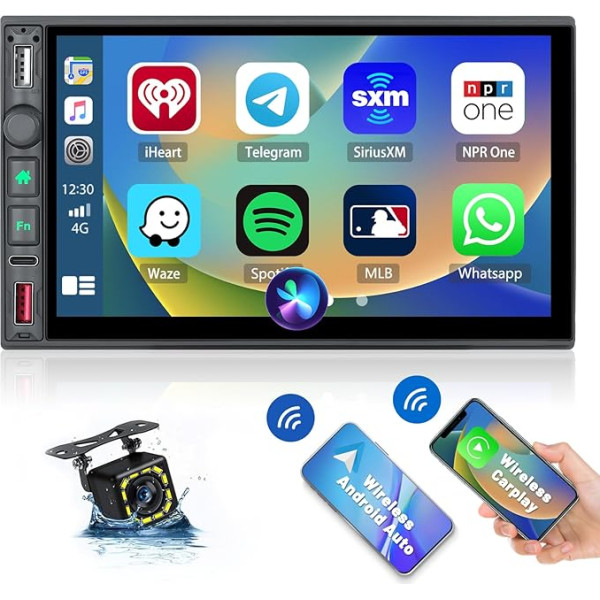 Hikity Doppel DIN Wireless Carplay Autoradio mit Bildschirm 7 Zoll Touchscreen Car Radio mit Wireless Android Auto Rückfahrkamera 2DIN Auto Radio Touch Display mit FM Radio USB Type-C SWC