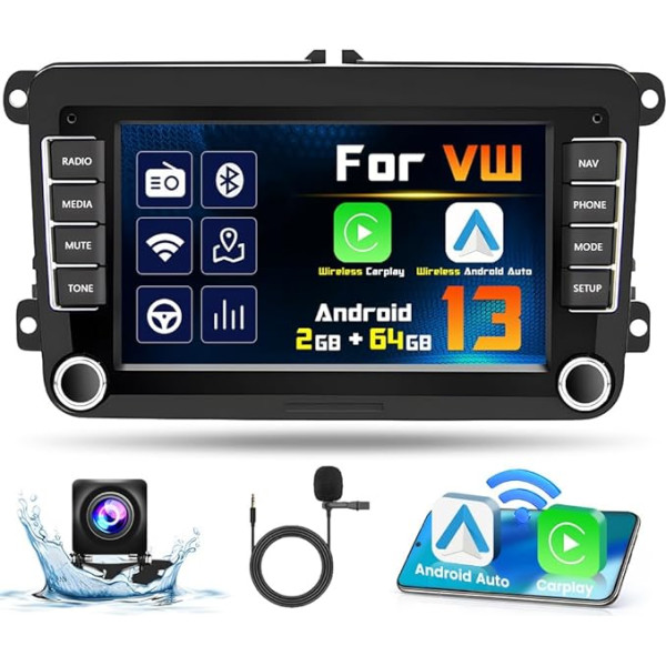 Hikity 2G 64G Android 13 Autoradio Wireless Carplay mit Navi für VW Golf 5 Golf 6 Passat B6 B7 Polo Skoda 7 Zoll Auto Radio Audio mit GPS Bluetooth Android Auto FM RDS HiFi WiFi SWC Rückfahrkamera