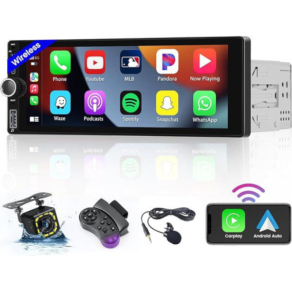 Hikity 1 DIN auto radio Bluetooth ar ekrānu, 6,86 collu skārienjūtīgā ekrāna auto radio ar bezvadu Apple CarPlay un bezvadu Android Car, FM radio, USB, SWC, mikrofons, atpakaļgaitas kamera