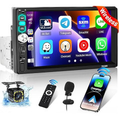 Hikity 1 DIN auto radio ar bezvadu Carplay Android 7 collu skārienjūtīgo displeju ar Bluetooth brīvroku FM radio ar USB/AUX + atpakaļgaitas kamera