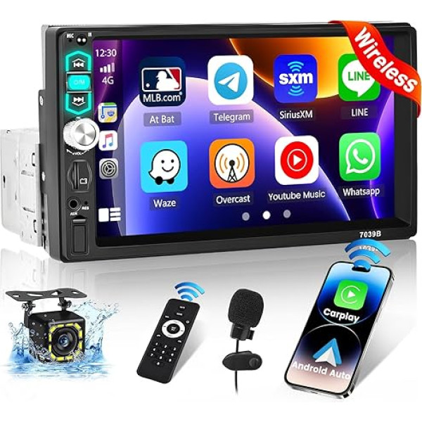 Hikity 1 DIN auto radio ar bezvadu Carplay Android 7 collu skārienjūtīgo displeju ar Bluetooth brīvroku FM radio ar USB/AUX + atpakaļgaitas kamera