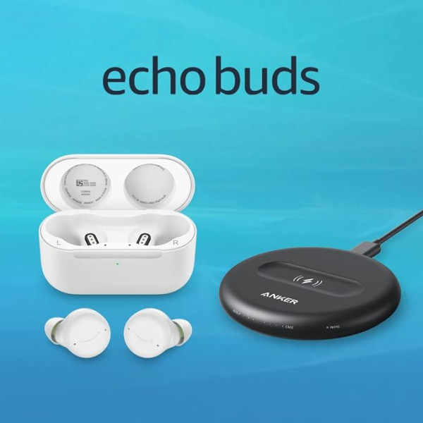 Echo Buds (2. paaudzes) | Kabellose Ohrhörer mit aktiver Geräuschreduzierung und Alexa | Kabelloses Ladeetui in Weiß + kabelloses PowerWave-5-W-Ladepad für Echo Buds