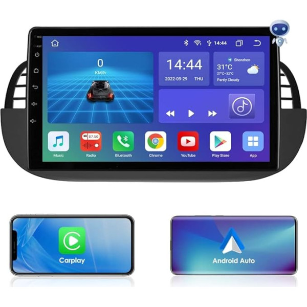 KooDux Auto radio, saderīgs ar Fiat 500 2007-2014, Android 12 GPS navigācija ar Carplay/Android auto laikapstākļu displejs, vadība no stūres, 8 kodolu UPC 6+64GB WiFi 4G LTE SWC RDS DSP