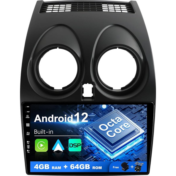 SXAUTO Android 12 IPS auto radio Nissan Qashqai J10 (2006-2015) - Iebūvēts Carplay/Android Car/DSP - LED kamera + MIC - 4G + 64G - DAB 360-CAM vadība no stūres rata Fast Boot WiFi AHD - 2 DIN 9