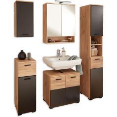 RIOM Bathroom Furniture Set in Artisan Oak Look / Black - Modern Bathroom Furniture Set 5-Piece Consisting of Tall Cabinet, Wall Cabinet, Base Cabinet, Mirror Cabinet and Chest of Drawers - 160 x 187