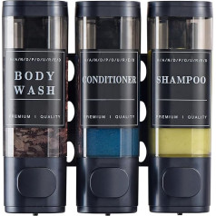 Duschseifenspender, Wandmontage, kein Bohren, Shampoospender für Duschwand, Shampoo- und Conditioner-Spender, Badezimmer, Hotel, 3 x 300 ml, blaues Titan mit Etiketten