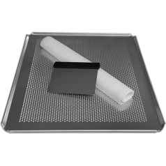 LEHRMANN 3-Piece Baking Set - Baking Tray 45 x 35 cm Perforated Silicone Mat, Dough Scraper Stainless Steel Set for Pizza, Rolls, Cookies