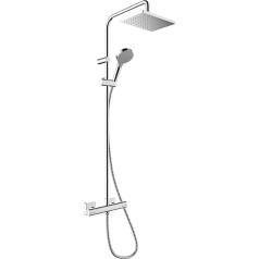 hansgrohe Vernis Shape dušas sistēma ar termostatu, lietus duša (230 x 170 mm) ar aprīkojumu, rokas duša (2 strūklu veidi), šļūtene, dušas sliede un kvadrātveida dušas galva (1 strūklas veids), hromēta