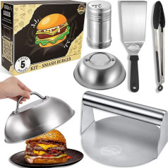 Raiv Global Smash Burger Kit aus Edelstahl - Professionelle Burgerpresse + Pfannenwender + Zange + Gewürzregal + Smash-Deckel - ideāli piemērots Smash Burger pagatavošanai.