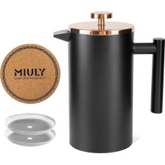 MIULY French Press 1 Litre/8 Cups Cafetière Black Coffee Press Double-Walled Stainless Steel Coffee Machine and Tea Maker with Rose Gold Metal Lid and Extra Filter Mesh Coaster Mat