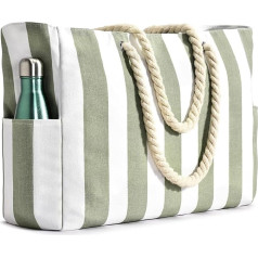 oscaurt Beach Bag, Swimming Bag, Waterproof Striped Beach Bag with Zip with Wet Bag, Large Beach Bag for Women, Olive green