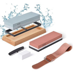 Whetstone Sharpening Stone, Manual Knife Sharpener Whetstone Set 4 Sided Grit - 400/1000 & 3000/8000 Safe Knife Sharpener Including Non-Slip Bamboo Base, Angle Guide and Leather Strap